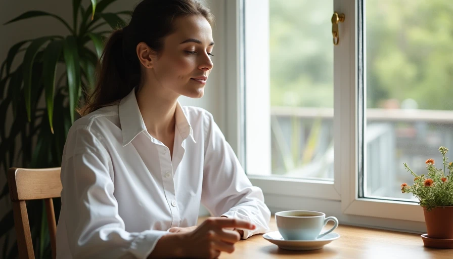  woman in well-fitted white shirt sitting by window with coffee morning light collar flat
