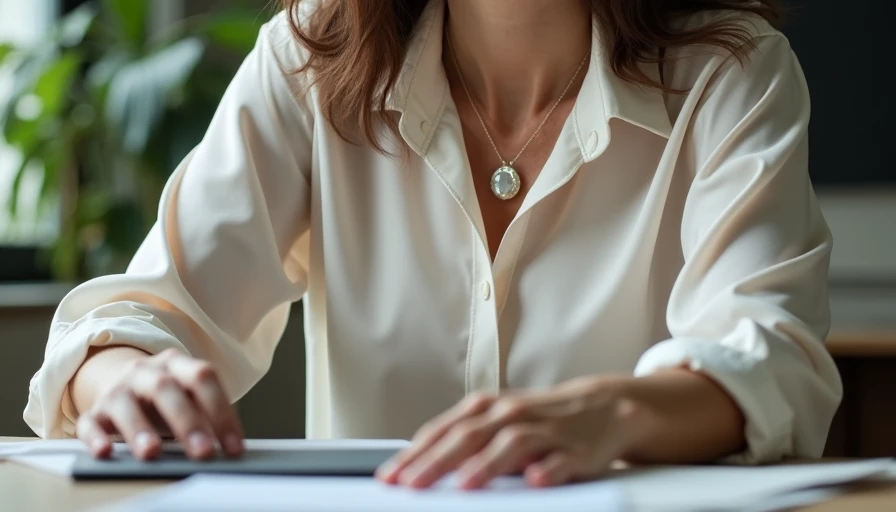 The Blouse That Feels Like a Light Hand ivory silk blouse soft collar hands resting near keyboard mother-of-pearl buttons daylight