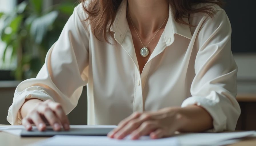  ivory silk blouse soft collar hands resting near keyboard mother-of-pearl buttons daylight