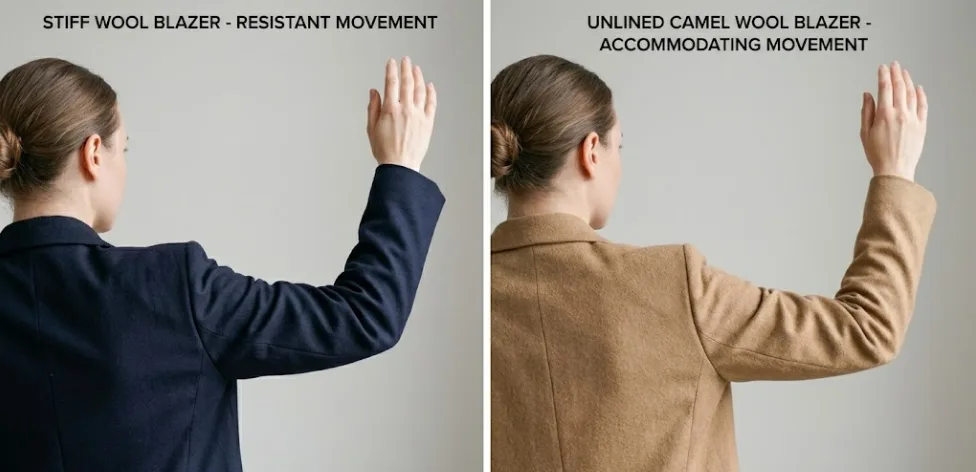 How the Fabric Responds comparison stiff navy blazer bunching at shoulder vs unlined camel blazer gliding with arm movement
