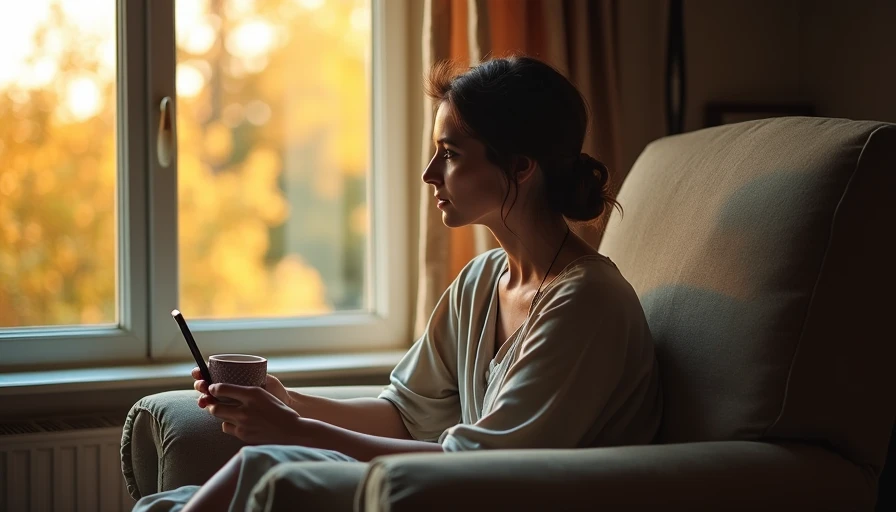An Evening That Belongs Entirely to Her woman in muted house dress seated by window evening tea gold hour light