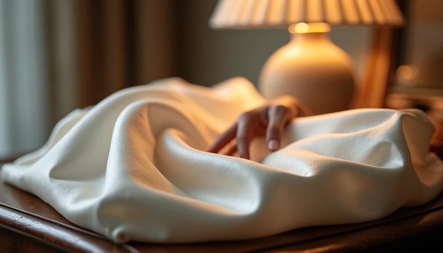 The Cool Weight of Silk at Dusk deep ivory silk charmeuse house dress folded on wooden dresser lamp light liquid reflection