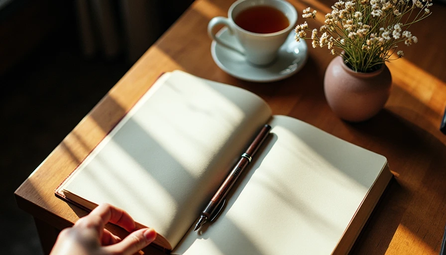 open notebook and pen on writer's desk with fresh flowers and tea afternoon light Brooklyn apartment