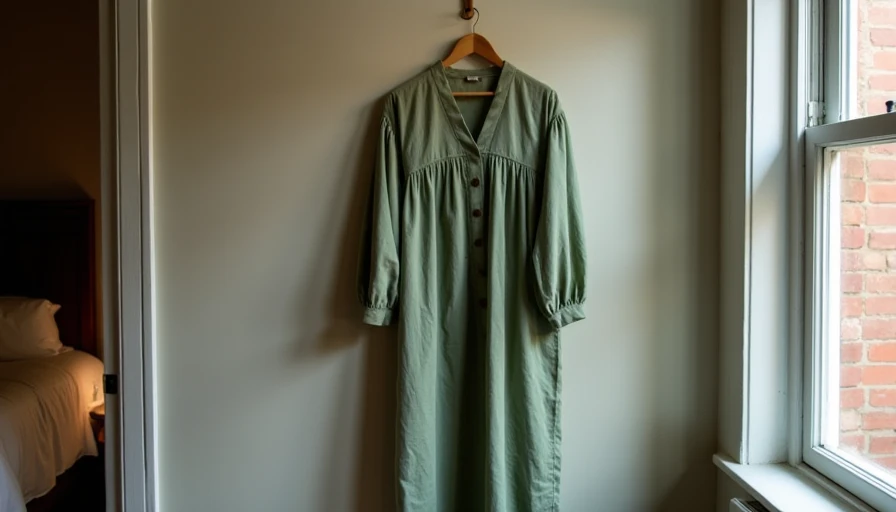 The Dress That Waits for Evening washed sage green cotton voile house dress hanging on wooden hook early evening window light