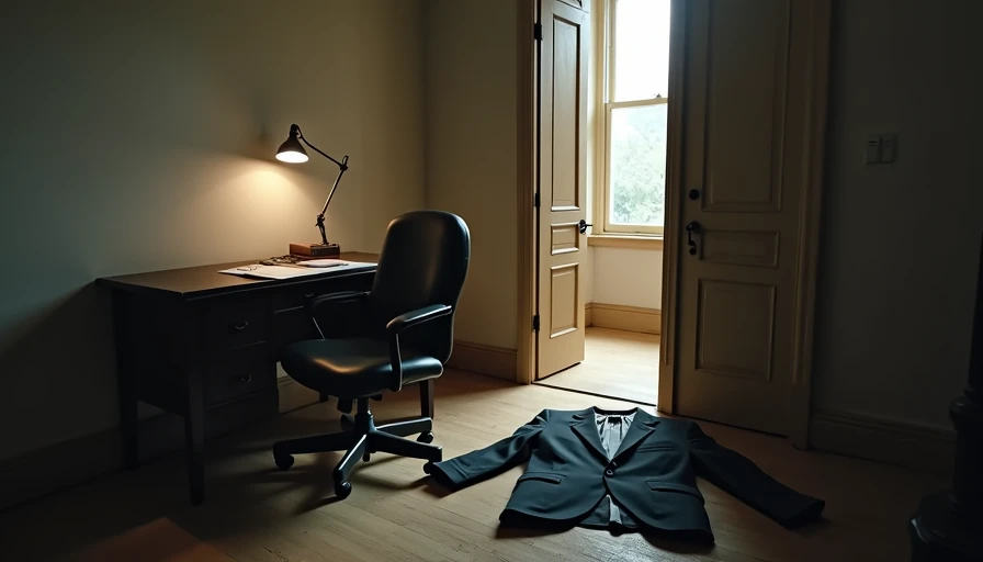empty tailored blazer draped over office chair dim lamp light professional burnout
