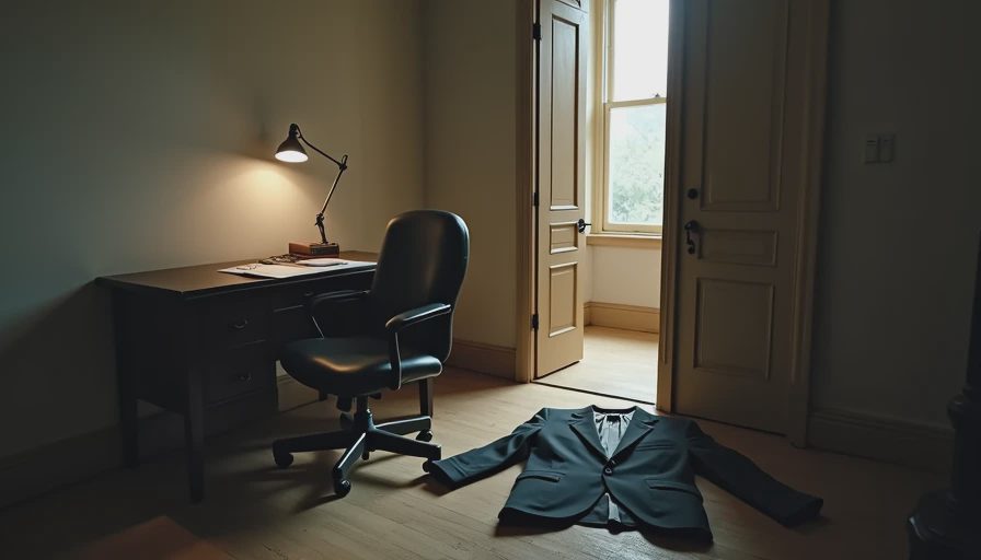 empty tailored blazer draped over office chair dim lamp light professional burnout