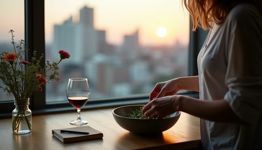 The Quiet Work of Trusting Yourself woman hands tearing herbs into bowl Brooklyn kitchen fresh flowers notebook evening light rebuilding trust