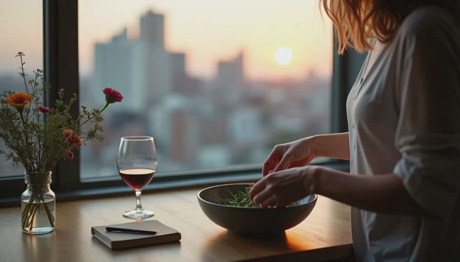 woman hands tearing herbs into bowl Brooklyn kitchen fresh flowers notebook evening light rebuilding trust
