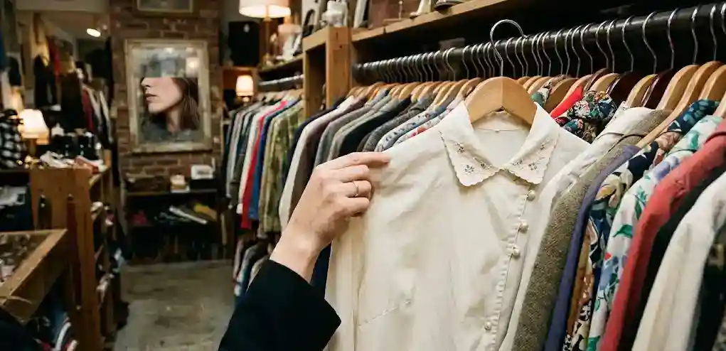 The First Response woman hand lifting ivory embroidered cotton blouse from vintage shop