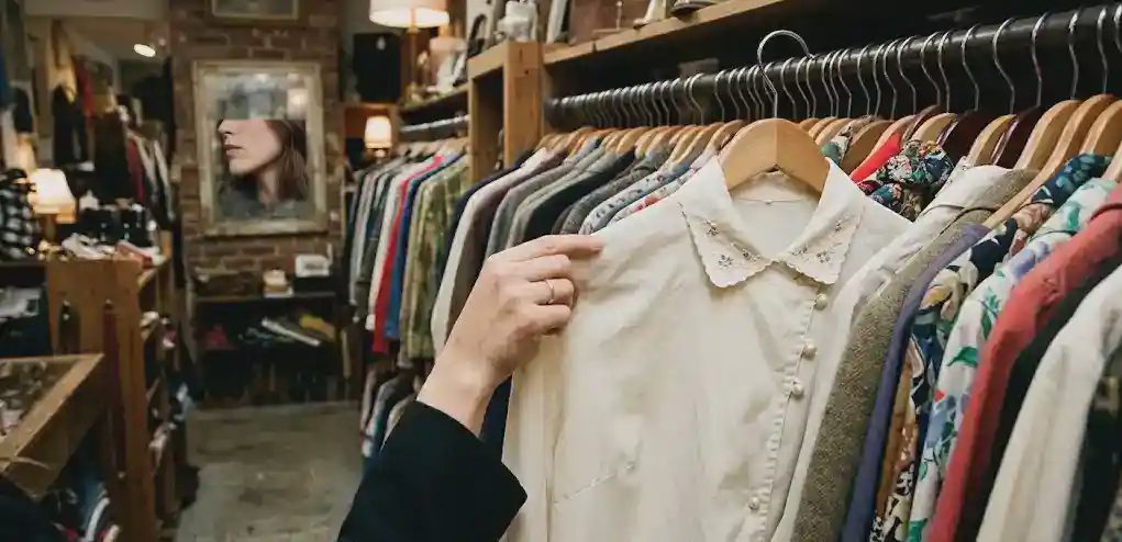 woman hand lifting ivory embroidered cotton blouse from vintage shop