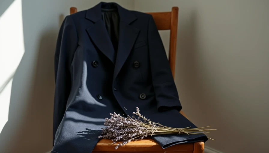 The Evidence on the Chair severe navy double breasted blazer draped over wooden chair beside dried lavender morning light