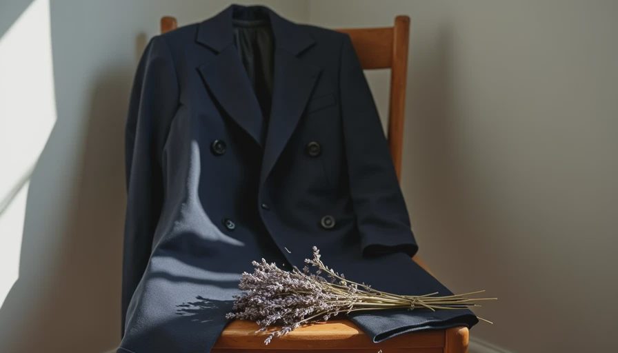 severe navy double breasted blazer draped over wooden chair beside dried lavender morning light