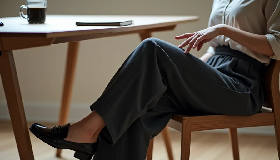 Trousers That Don’t Demand Your Attention wide-leg charcoal wool trousers seated at desk relaxed fit breaking at loafer