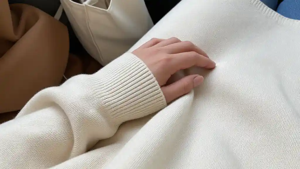 The Seven-Dollar Sweater – Softness That Makes You Feel Seen Close-up of a woman's hand touching an ivory vintage cotton sweater, soft knit texture visible in morning light.