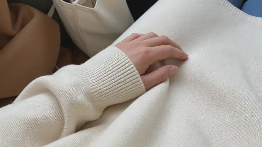Close-up of a woman's hand touching an ivory vintage cotton sweater, soft knit texture visible in morning light.