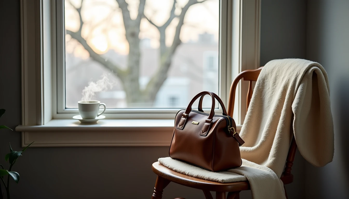 After Leaving Vogue – A Quieter Understanding of Luxury A cream wool coat draped over a wooden chair by a window, a worn cognac leather bag, a cup of tea, soft Brooklyn morning light.