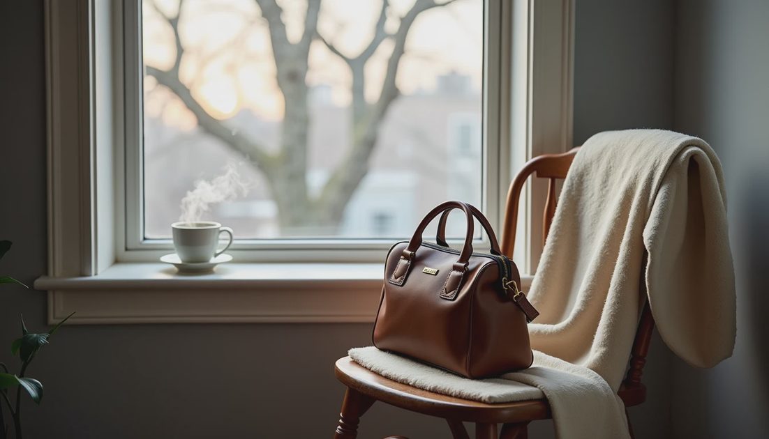  A cream wool coat draped over a wooden chair by a window, a worn cognac leather bag, a cup of tea, soft Brooklyn morning light.