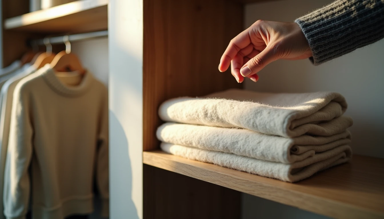 A woman's hand hovering above a folded ivory cashmere sweater on a wooden shelf, the moment before touching, soft natural light.
