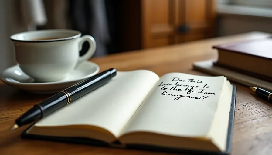 Open notebook and coffee for intentional wardrobe reflection.