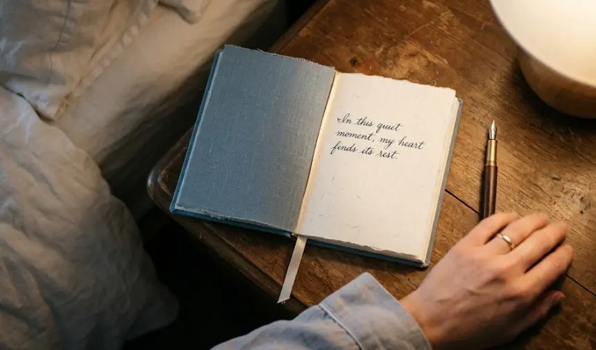 The Gratitude Notebook An open linen notebook on a nightstand with a handwritten gratitude sentence, a fountain pen, and a lamp's warm light.