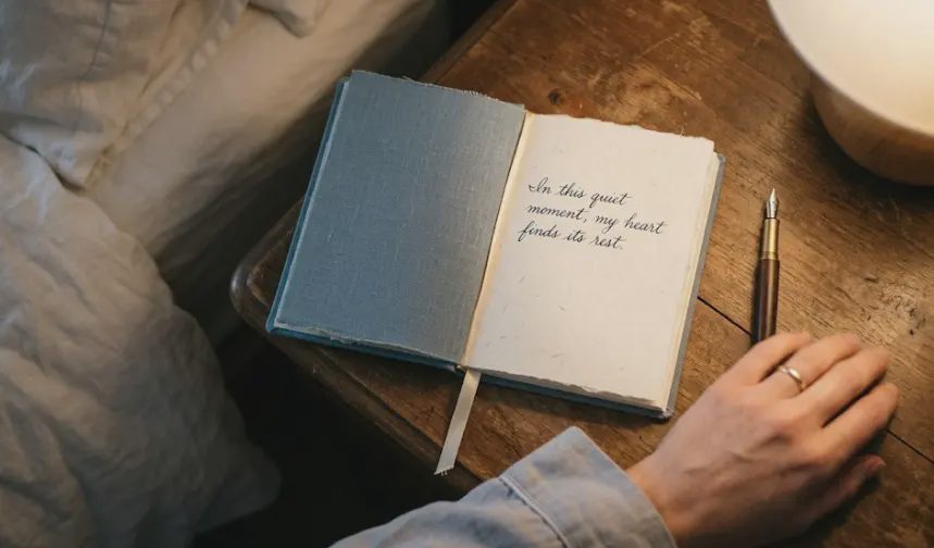An open linen notebook on a nightstand with a handwritten gratitude sentence, a fountain pen, and a lamp's warm light.