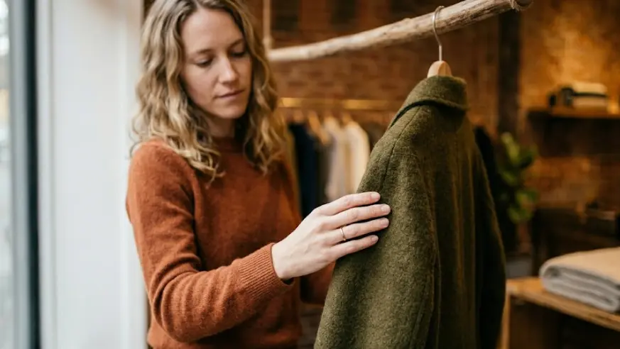 Touching What You Genuinely Respond To A woman's hand touching the sleeve of a deep olive wool coat on a wooden hanger in a quiet shop.