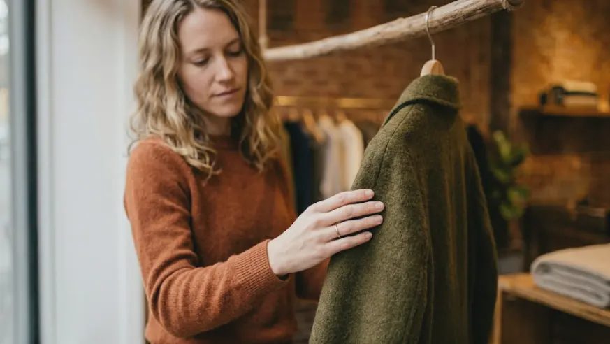  A woman's hand touching the sleeve of a deep olive wool coat on a wooden hanger in a quiet shop.
