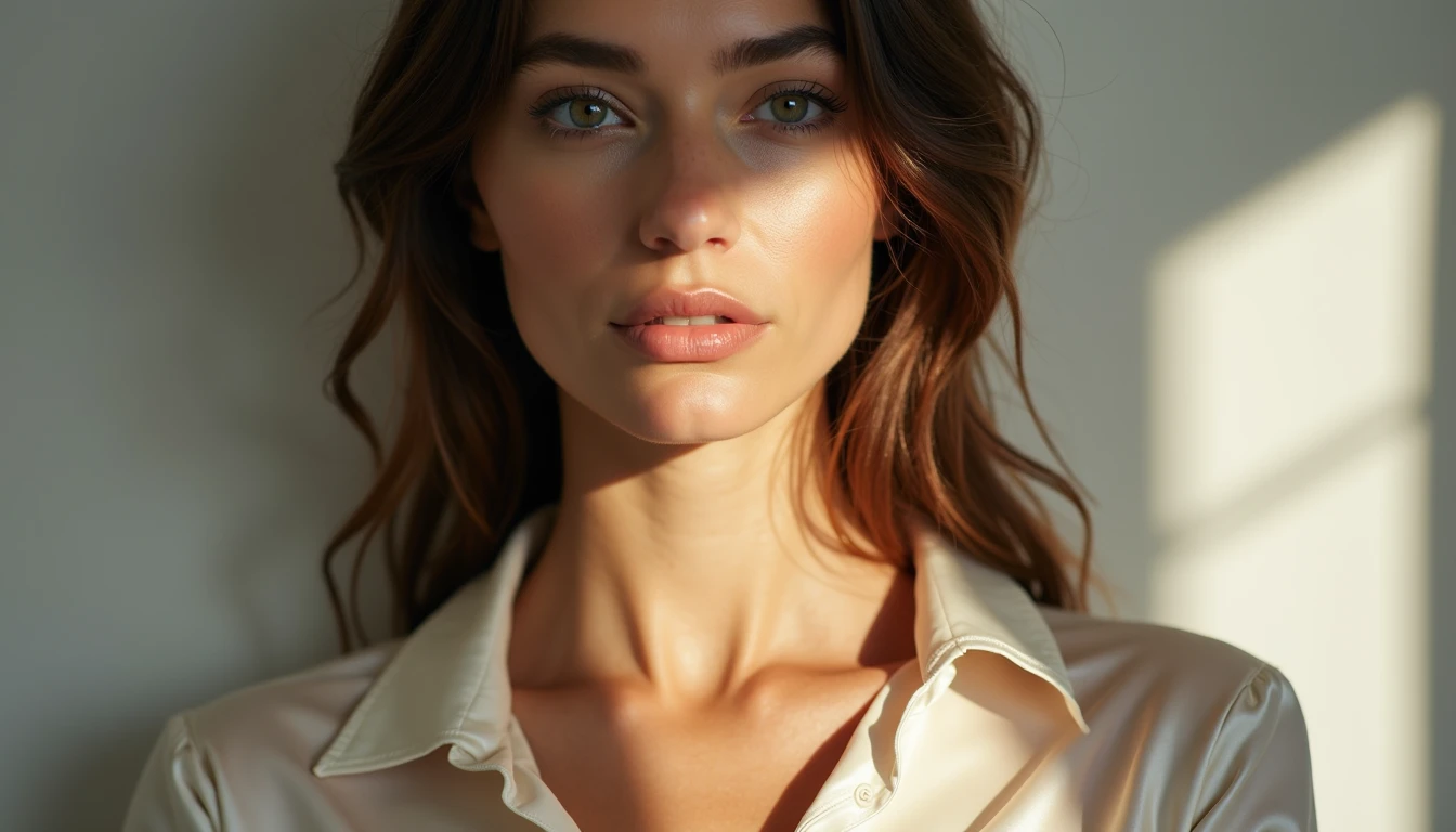 Close-up of a woman in an ivory silk blouse, morning light reflecting softly upward onto her face, skin warm and rested.