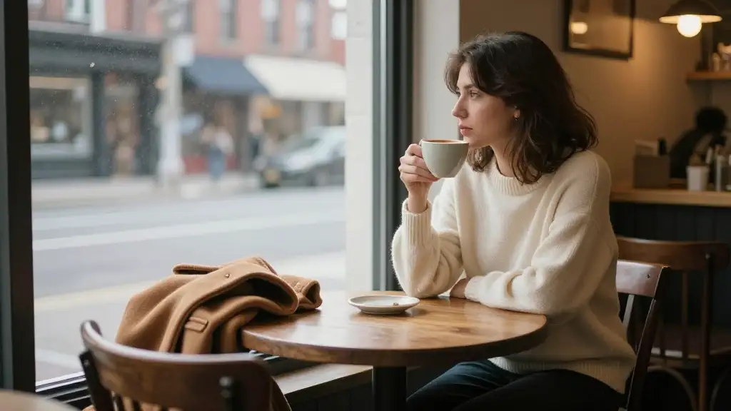At the Coffee Bar – The Destination of the Morning Walk A woman in an ivory cotton sweater sitting at a café window table, folded camel coat beside her, morning light outside a Brooklyn street.