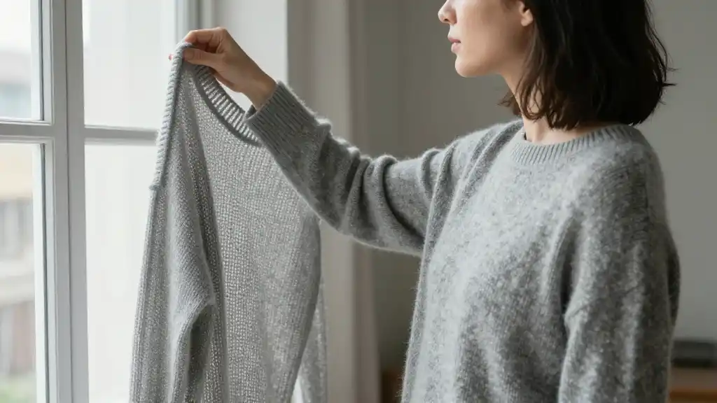 Woman holding a soft grey cashmere sweater up against a window light to examine knit density and weave consistency Woman holding a soft grey cashmere sweater up against a window light to examine knit density and weave consistency