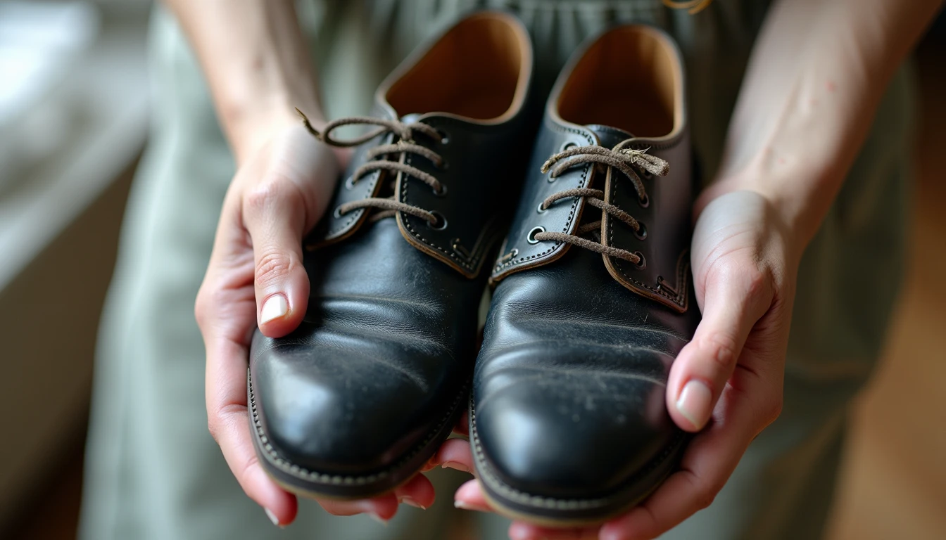 Three Times Resoled A young woman's hands gently cradling worn black leather shoes resoled three times, visible mending stitches