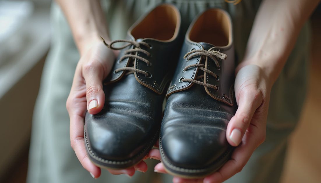 A young woman's hands gently cradling worn black leather shoes resoled three times, visible mending stitches