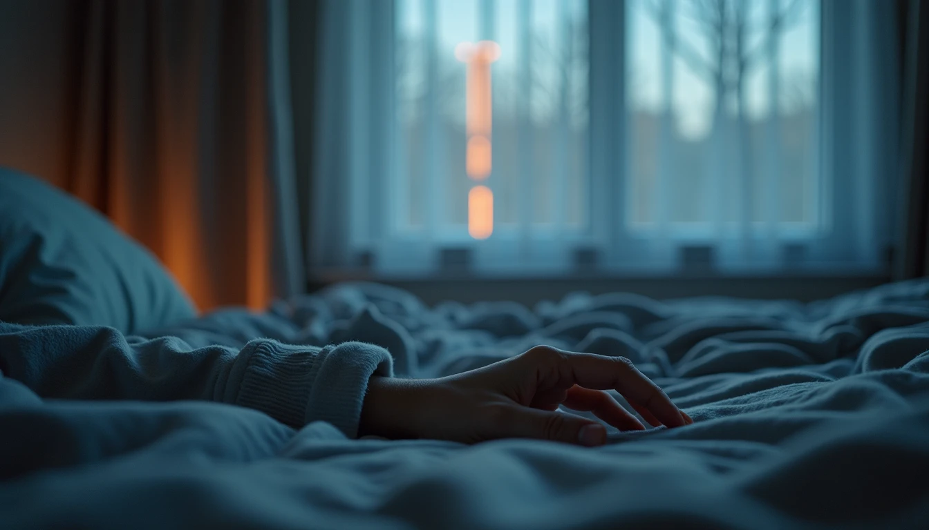 Letting the Night In A dim bedroom at night, a woman's hand resting on the duvet in soft pajamas, thin streetlight through curtains, quiet permission to end the day.