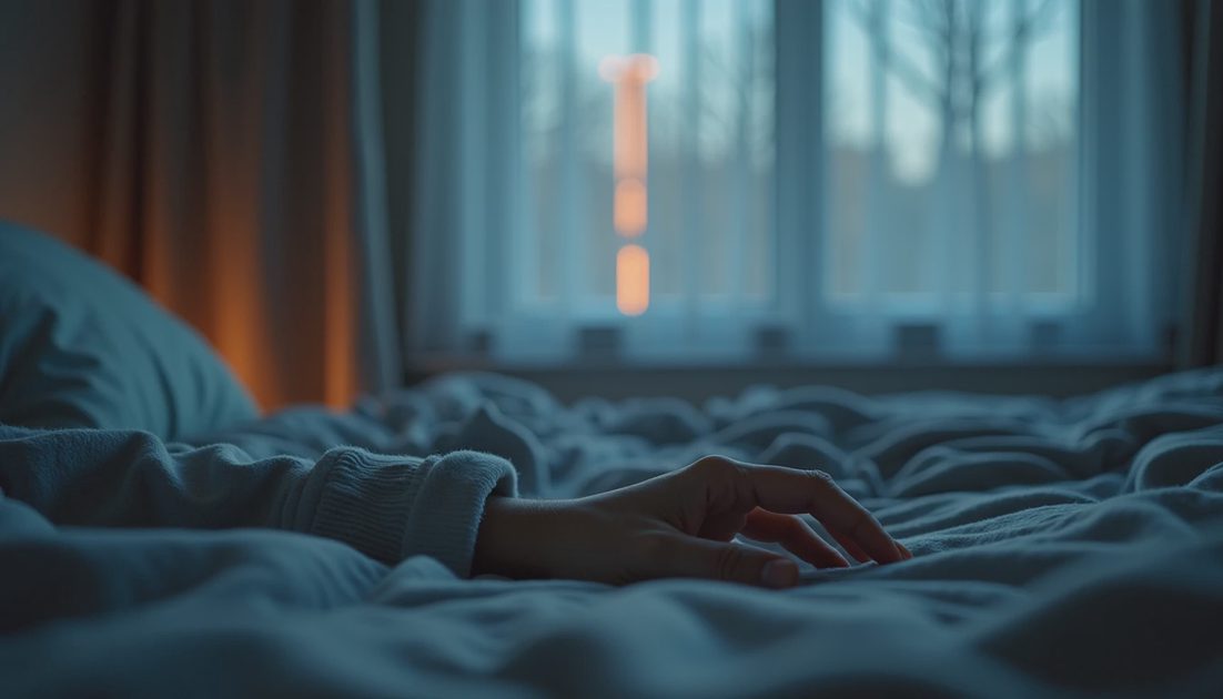 A dim bedroom at night, a woman's hand resting on the duvet in soft pajamas, thin streetlight through curtains, quiet permission to end the day.