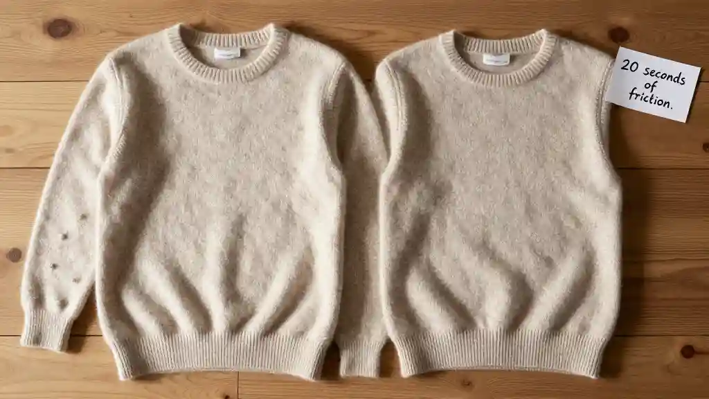 20 Seconds of Friction – Pilling vs. Smooth Cashmere Surface Two cashmere sweaters flat lay side by side on wood, one fuzzy with tiny pills after a friction test, the other still smooth
