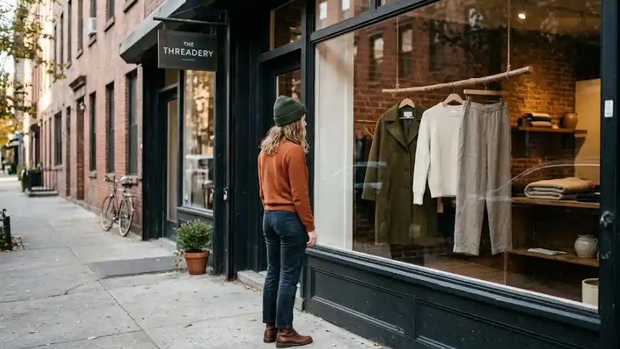 Discovering Taste in the Real World A woman looking into a small Brooklyn boutique window displaying a deep olive coat and cream sweater, no phone in hand.