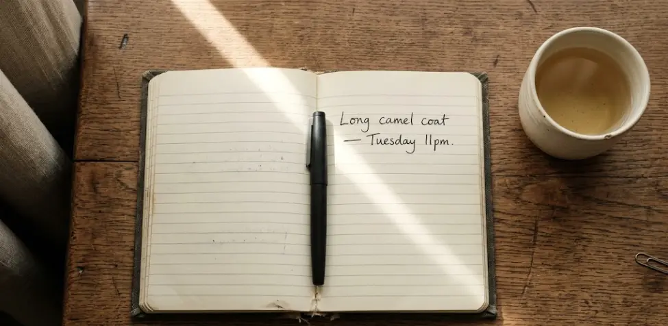 The Wanting, Written Down handwritten note long camel coat Tuesday 11pm in cloth bound notebook morning light