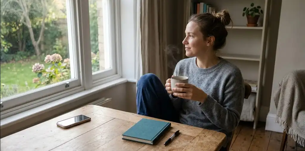 The Quiet Morning After 72 Hours woman at morning table with coffee phone face down notebook closed calm after 72 hour rule