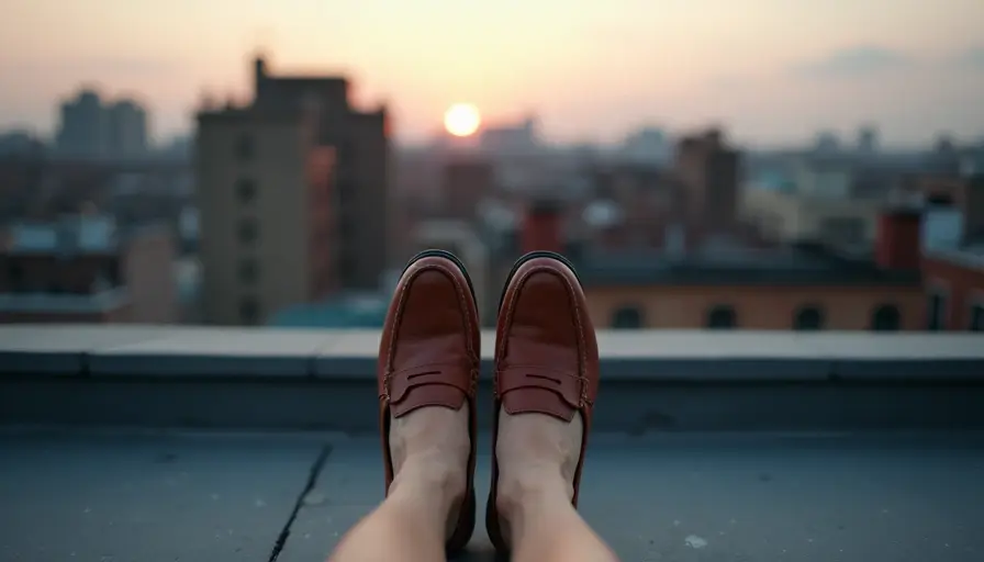 Arriving, Still Whole woman feet in worn leather loafers sitting at sunset rooftop