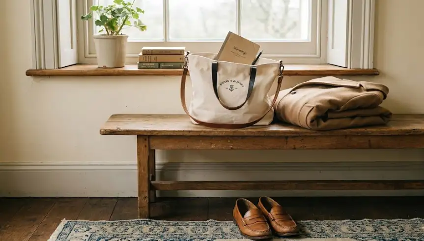 The Complete Morning Walk Outfit – Coat, Bag, and Shoes Canvas tote bag, folded camel coat, and tan leather loafers arranged quietly on a wooden bench in morning light.