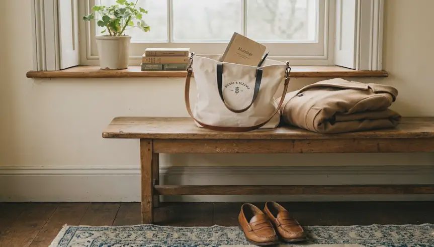  Canvas tote bag, folded camel coat, and tan leather loafers arranged quietly on a wooden bench in morning light.