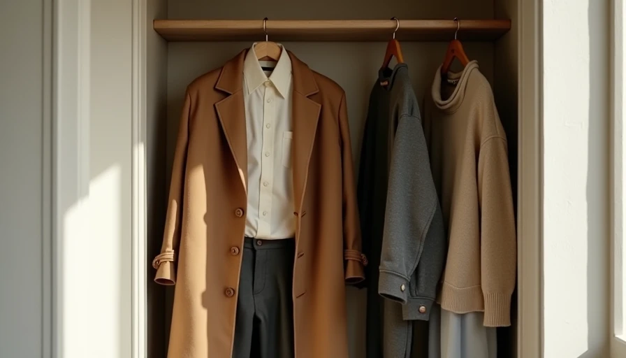 The Wardrobe Integration Test camel coat layered over ivory shirt and charcoal trousers on wooden hanger wardrobe integration test