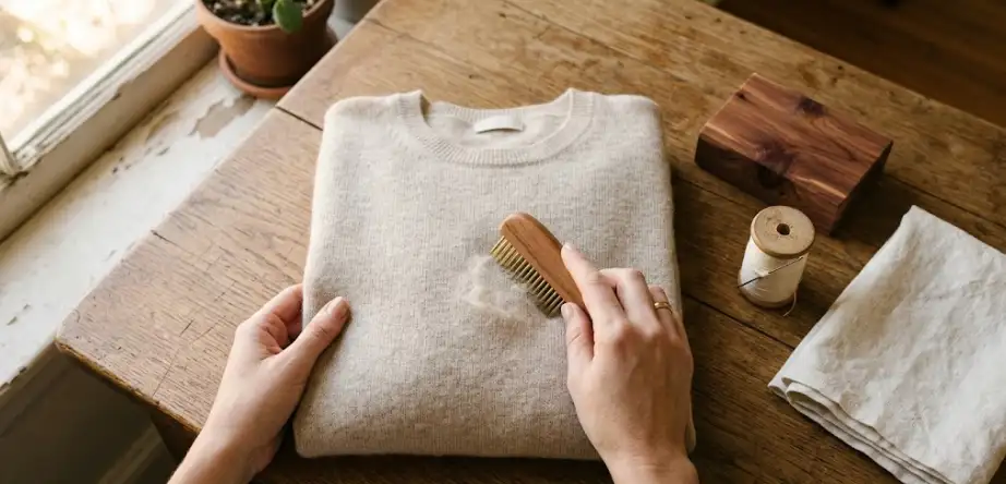 The Ritual of Care – Tending What Has Lasted, With Gratitude A woman's hands gently depilling an oatmeal cashmere sweater with a wooden comb, cedar block and thread beside, soft morning light.