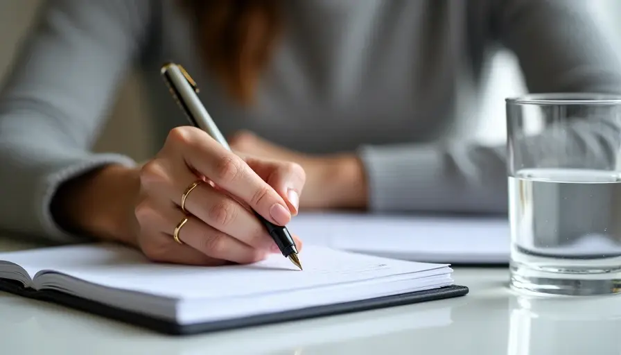 Tending to Myself While Focusing on Meaningful Work A woman writing in a notebook in comfortable clothes.