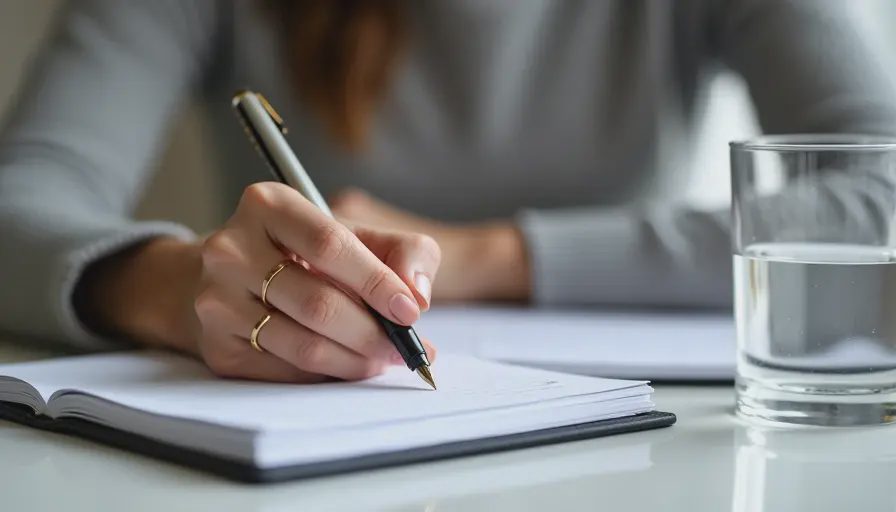A woman writing in a notebook in comfortable clothes.