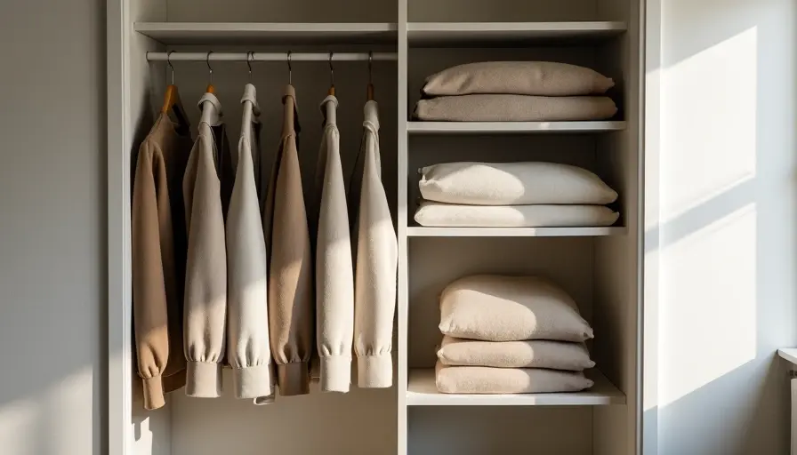 Gentle Closet Audit for Intentional Wardrobe Neat open closet with neutral clothes for intentional wardrobe sorting.