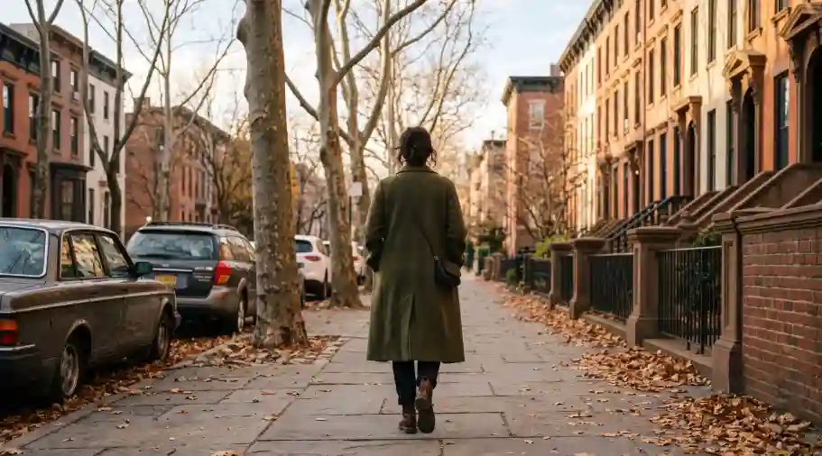 A woman from behind wearing a long olive wool coat, walking a Brooklyn street lined with bare sycamores, autumn leaves, pale December light.