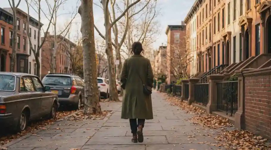 A woman from behind wearing a long olive wool coat, walking a Brooklyn street lined with bare sycamores, autumn leaves, pale December light.