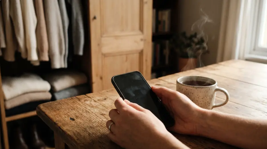 A woman's hand holding a dark phone screen beside a cup of tea, closet slightly open in background, morning light.