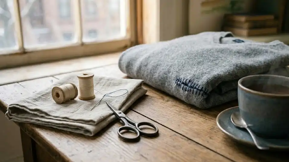 The Pile Is Gone – What the Mending Left Behind A folded grey cashmere sweater with visible hand-sewn mend at the elbow, sewing scissors, thread, and a cup of tea on a wooden table.